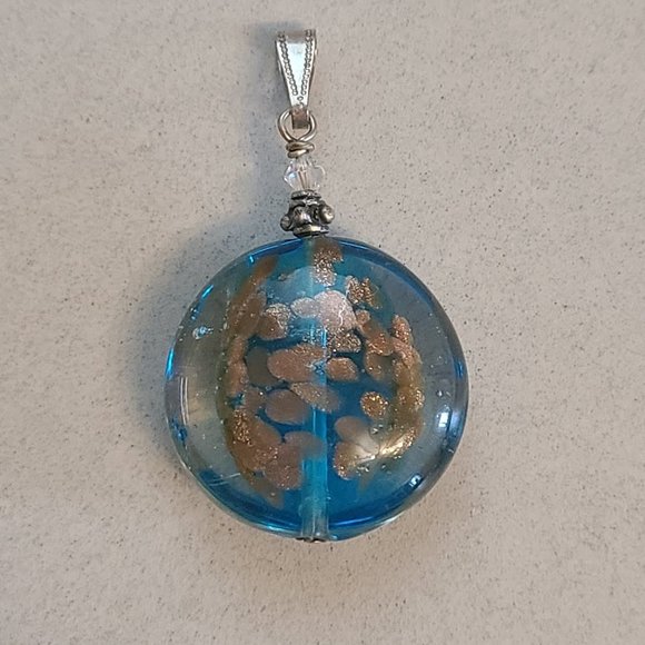 Blue Glass Pendant with Bronze Sparkle Detailing - Picture 1 of 6
